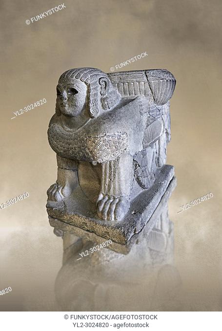 Column base Sphix sculpture support. Found in North Hall at the Castle of Sam'al - Zincirli. Basalt 8th century BC. Vorderasiatisches Museum, Pergamon Museum