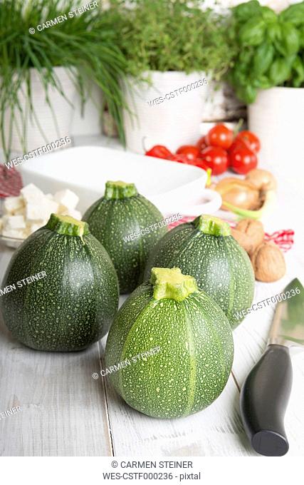 Eight ball squashes and vegetables on table, Low Carb