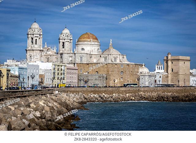 Cadiz, Spain - March 31: Panoramic view of the city on March, bordered by the Mediterranean sea and its Cathedral, called Catedral Nueva by locals