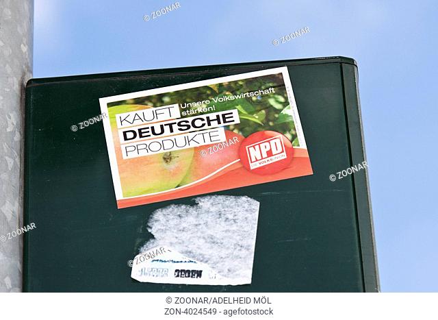Aufkleber der NPD, Kauft deutsche Produkte, Berlin, Deutschland Sticker of the NPD, Buy German products, Berlin, Germany
