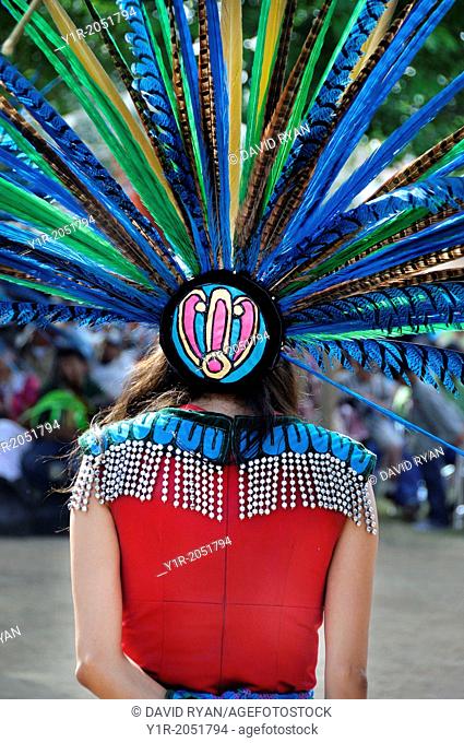 Cupa Day Festival, Pala Indian Reservation, Aztec dance troup, woman in Aztec head dress