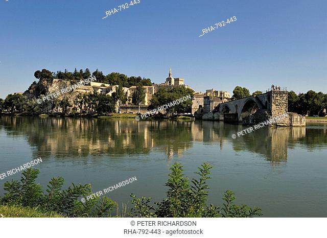 Pont Saint-Benezet and Avignon city viewed from across the River Rhone, Avignon, Provence, France, Europe