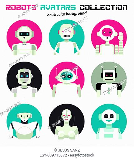Varied collection of robots faces and heads for used as characters avatars. Imaginative and friendly colourful collection of happy andorids to give a fresh and...