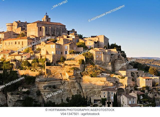 The town of Gordes at dusk, Provence, France, Europe