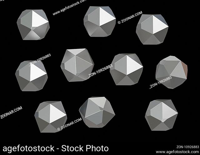 Crystal Stone gem macro mineral collection set of 10 units, quartz on black background. 3d illustration
