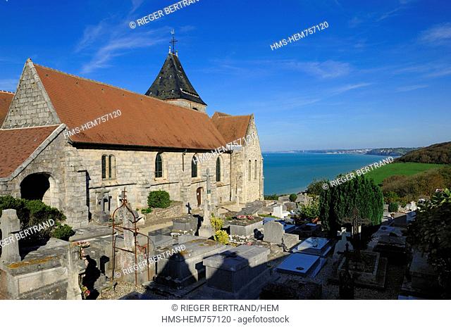 France, Seine Maritime, Pays de Caux, the church of Varengeville sur Mer and its cemetery by the sea overlooking the cliffs of the Cote d'Albatre Alabaster...