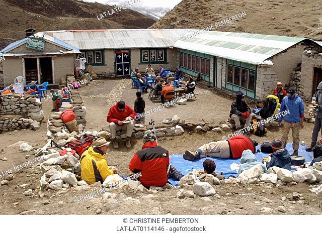Trek to Everest Base Camp. Trekkers at Dughla settlement at 15, 150 ft or 4, 840 metres. Trekker lodge in Dughla. Yak Lodge