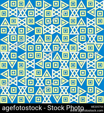 Tiled geometric pattern in assorted shapes and light colors on a blue background. Geometric graphic design