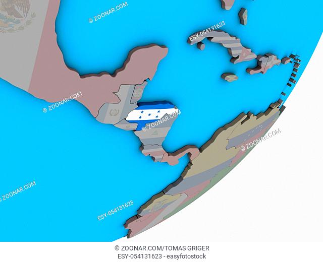 Honduras with national flag on blue political 3D globe. 3D illustration