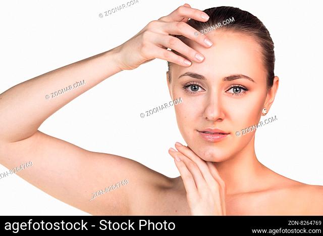 Young woman, isolated on white, before and after retouch, beauty treatment, skin care concept
