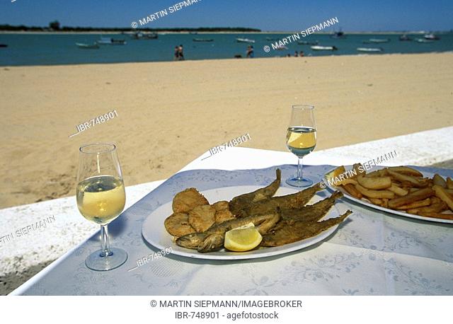 Fish and chocos served with sherry, Sanlúcar de Barrameda, Costa de la Luz, Cádiz Province, Andalusia, Spain
