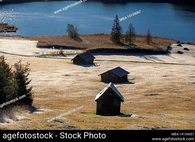 hay barn at geroldsee, hoarfrost on humpback meadows near klais, werdenfelser land, bavaria, germany