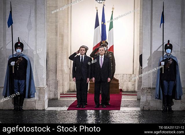 Italian Prime Minister Mario Draghi and French President Emmanuel Macron before a meeting at Palazzo Chigi in Rome on 25 November 2021