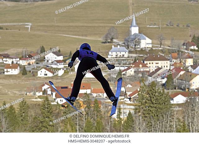 France, Doubs, jump to sky from the springboard of Chaux Neuve near Mouthe
