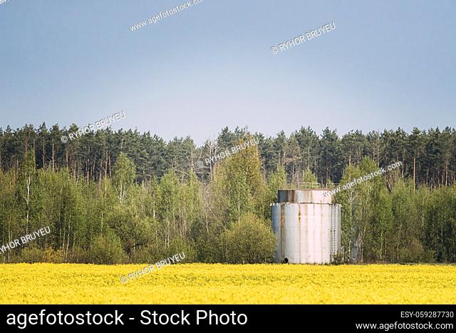 Steel Vertical Tank For Storing Carbamide-ammonia Mixture Or Other Chemical Fertilizers. Storage Tank Standing In Field Or Meadow In Summer Sunny Day