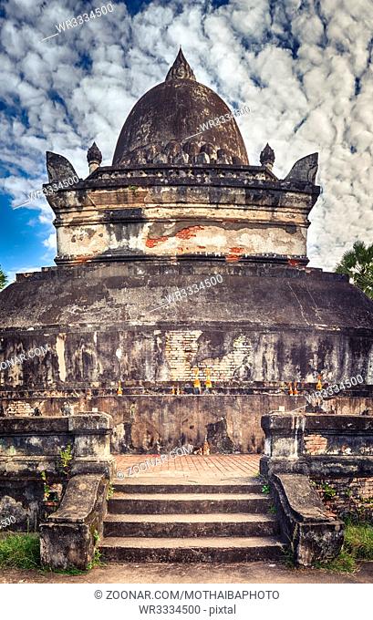 Beautiful view of stupa in Wat Visounnarath. Luang Prabang. Laos. Vertical Panorama