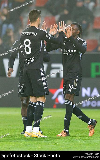 Eupen's Regan Charles-Cook celebrates after scoring during a soccer match between SV Zulte Waregem and KAS Eupen, Saturday 12 November 2022 in Waregem