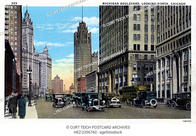 'Michigan Boulevard, Looking North, Chicago', postcard, 1926. View of Michigan Avenue showing the Wrigley Building and Tribune Tower