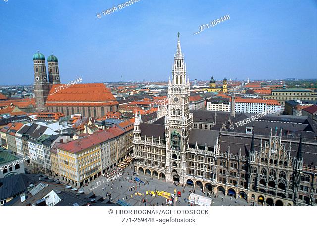 City Hall and Cathedral (Frauenkirche) in Marienplatz. Munich. Germany