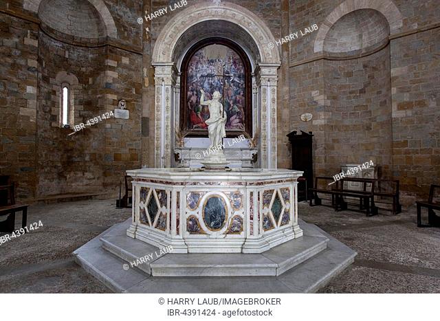 Baptismal font by Andrea Sansovino in the Baptistery, Battistero di San Giovanni Battista, Volterra, Tuscany, Italy
