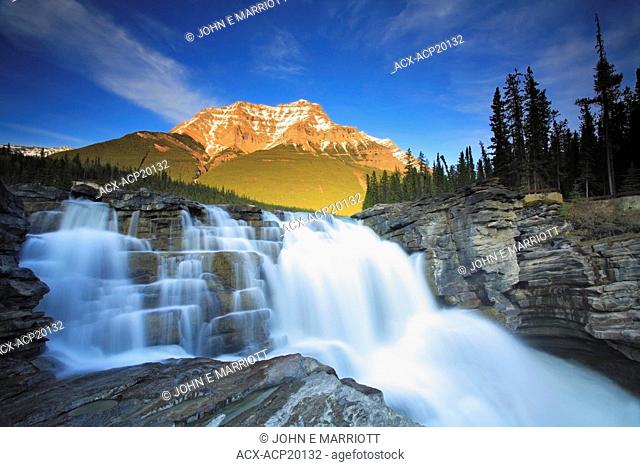 Sunset over Athabasca Falls with Mount Kerkeslin in the background, Jasper National Park, Alberta, Canada