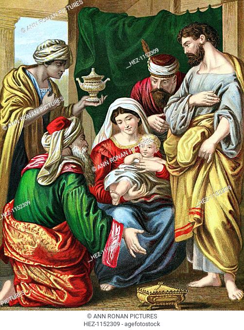 The Magi presenting their gifts to the infant Jesus, c1860. They are making their symbolic offerings of Gold for royalty, Frankincense for divinity