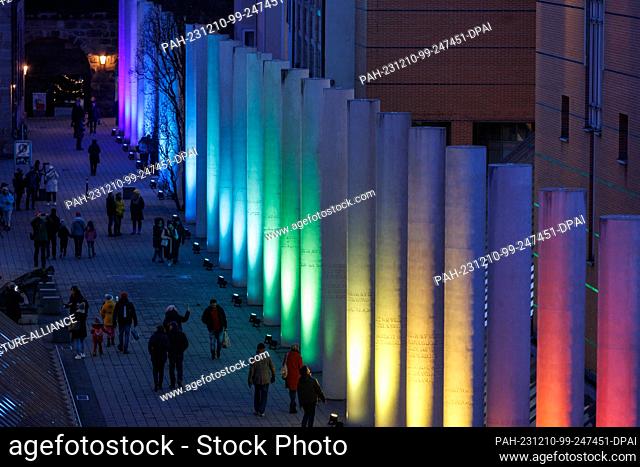 10 December 2023, Bavaria, Nuremberg: The interactive light installation ""Approach"", by VEB Lichtbildklub and the Nuremberg Human Rights Office