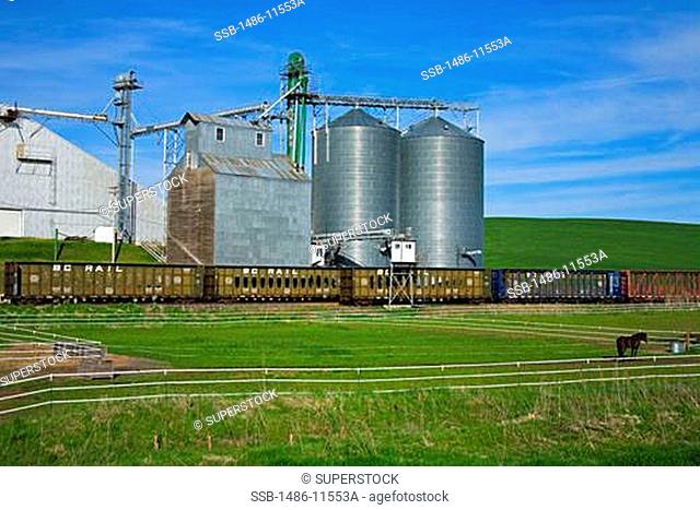 Grain elevators in a field, Palouse Region, Spokane, Spokane County, Washington State, USA