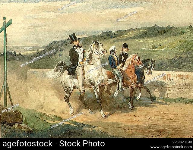 Lami Eugene Louis - Horace Vernet out Riding with His Children - French School - 19th Century