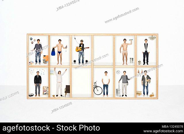 Collage, man in type case, different roles, against white background