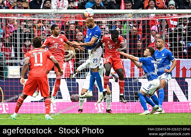 15 April 2023, Bavaria, Munich: Soccer: Bundesliga, Bayern Munich - TSG 1899 Hoffenheim, Matchday 28 at Allianz Arena. Kingsley Coman (l)