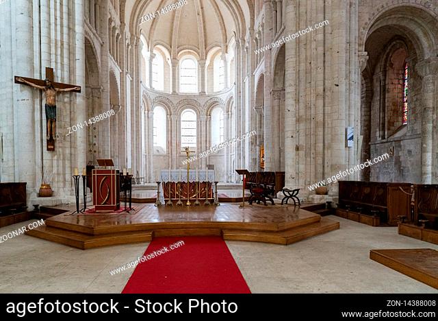 Saint-Martin-de-Boscherville, Seine-Maritime / France - 13 August 2019: interior view of the Abbey of Saint-Georges church in Boscherville with the high altar