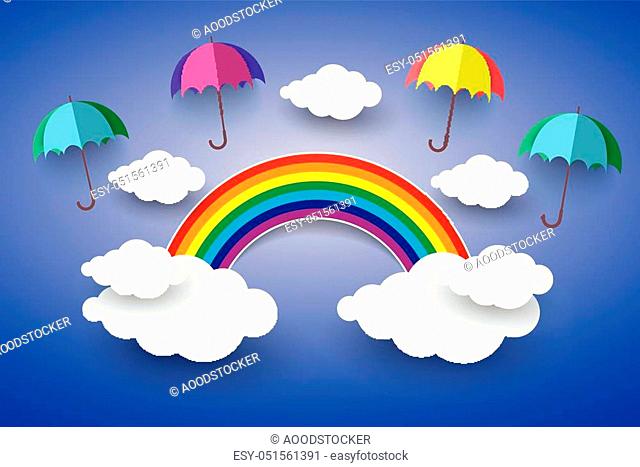 The concept is happy day, Full color umbrella in Blue sky with Rainbow and Cloud Paper art Style. vector Illusatration