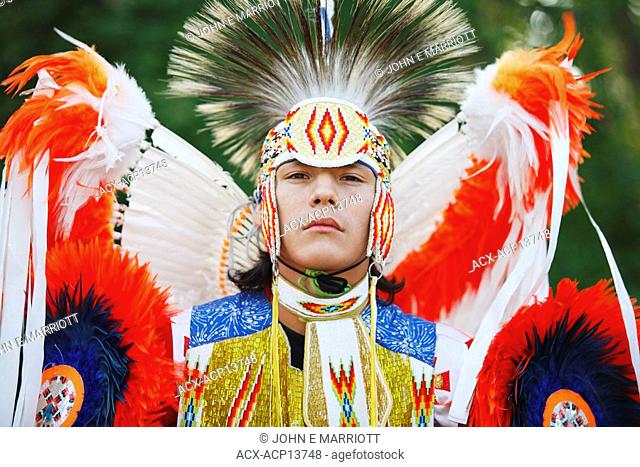 Blackfoot blood male dancer first nations plains indian in traditional mens fancy dance outfit, Fort McLeod, Lethbridge, Alberta, Canada