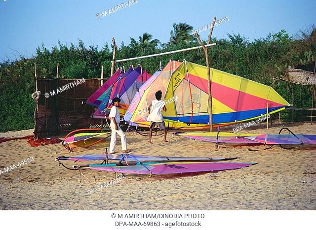 Wind surf riding boards kept at Anjuna beach , Goa , India