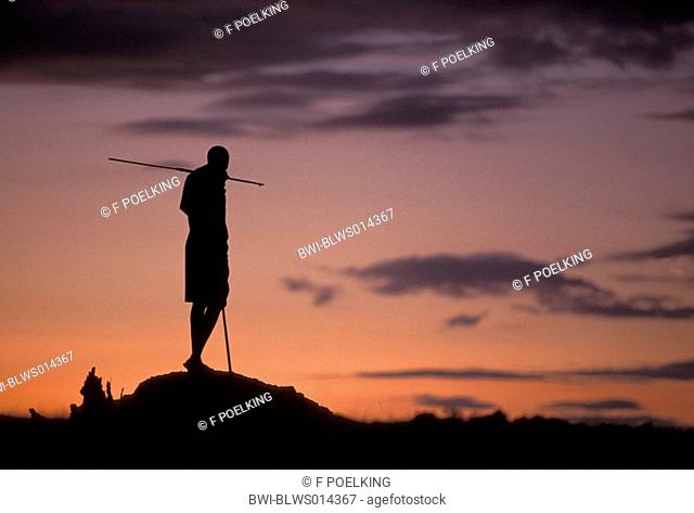 Massai standing on hill, silhouette against evening sky, Kenya, Masai Mara NP