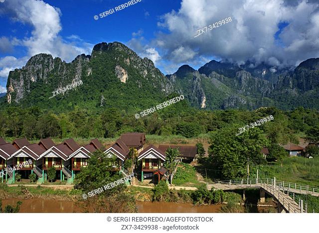 Hotel accommodation next to the Nam Song river next to Vang Vieng village, Laos