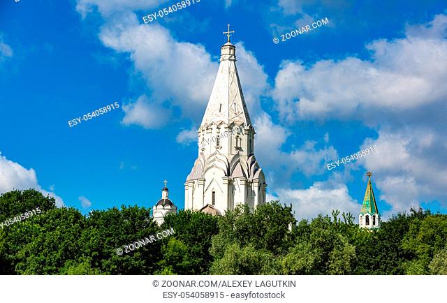 MOSCOW, RUSSIA - AUGUST 5, 2017: Facade of the Church of the Ascension in Kolomenskoye. Built in 1532. View from the Moscow River