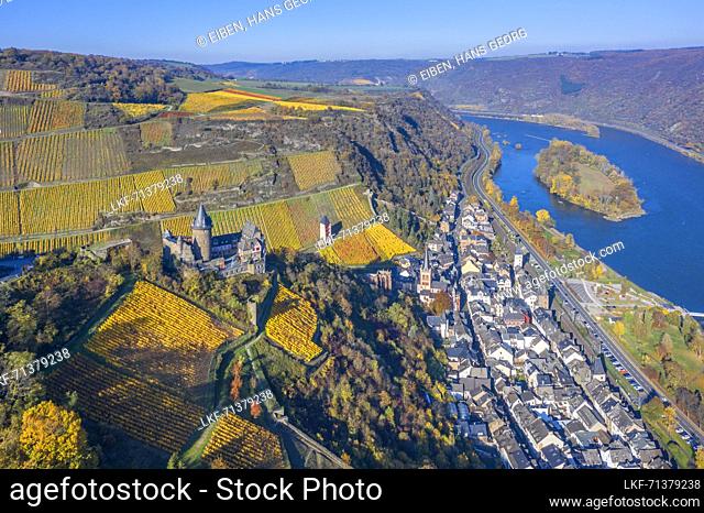 Aerial view of Stahleck Castle, Bacharach, Rhine Valley, Rhineland-Palatinate, Germany