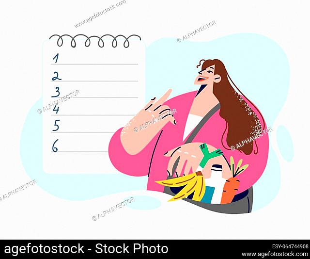 Woman with groceries in bag looks at blank numbered list symbolizing diet food shopping plan. Girl on diet is shopping in grocery market and checking notes in...