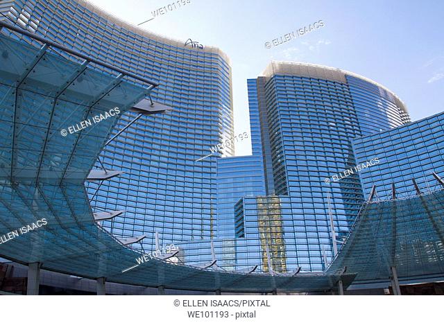 Modern curved glass and steel entrance to the Aria Hotel and Casino in Las Vegas, Nevada, USA