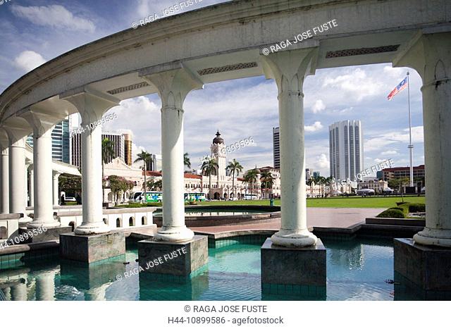Malaysia, Asia, Kuala Lumpur, town, city, place, Merdeka place, sultan Abdul Samad, building, park, columns, flag, water washbasin