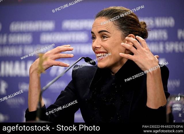 22 February 2023, Berlin: Patricia Lopez Arnaiz , actress, speaks at the press conference of the film ""especies de abejas"" (20, 000 Species of Bees)