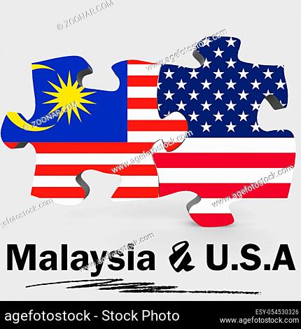 USA and Malaysia Flags in puzzle isolated on white background, 3D rendering