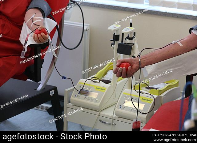24 July 2023, Thuringia, Erfurt: Equipment for blood donation lies on a table in a room at the Hama Blood Donation Center