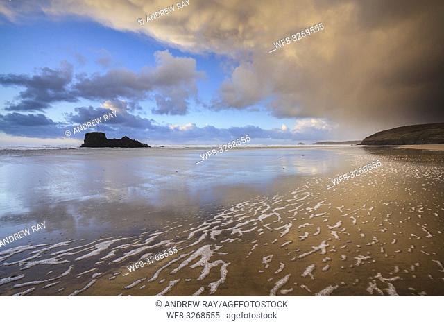 The beach at Perranporth on the north coast of Cornwall, captured on a stormy afternoon in late March
