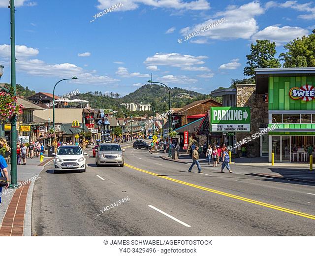 Parkway road though downtown in the Great Smoky Mountains resort town of Gatlinburg Tennessee in the United States