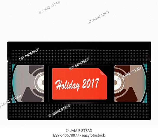 A typical old fashioned video cassette over a white background with Holiday 2017