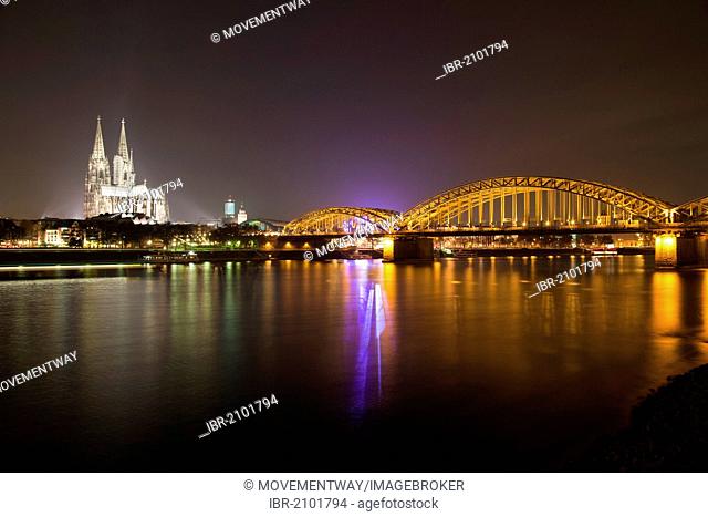 Illuminated Hohenzollern Bridge with Cologne Cathedral, Rhine, Cologne, Rhineland, North Rhine-Westphalia, Germany, Europe, PublicGround