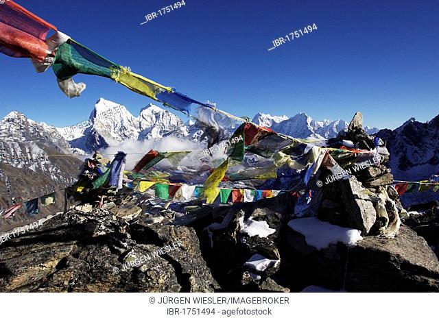 Prayer flags on Mt. Gokyo Ri, Khumbu, Sagarmatha National Park, Nepal, Asia